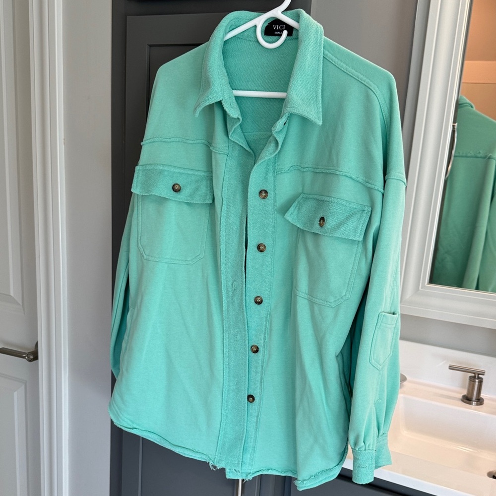 Vici Teal Button-Up Terry Cloth Jacket